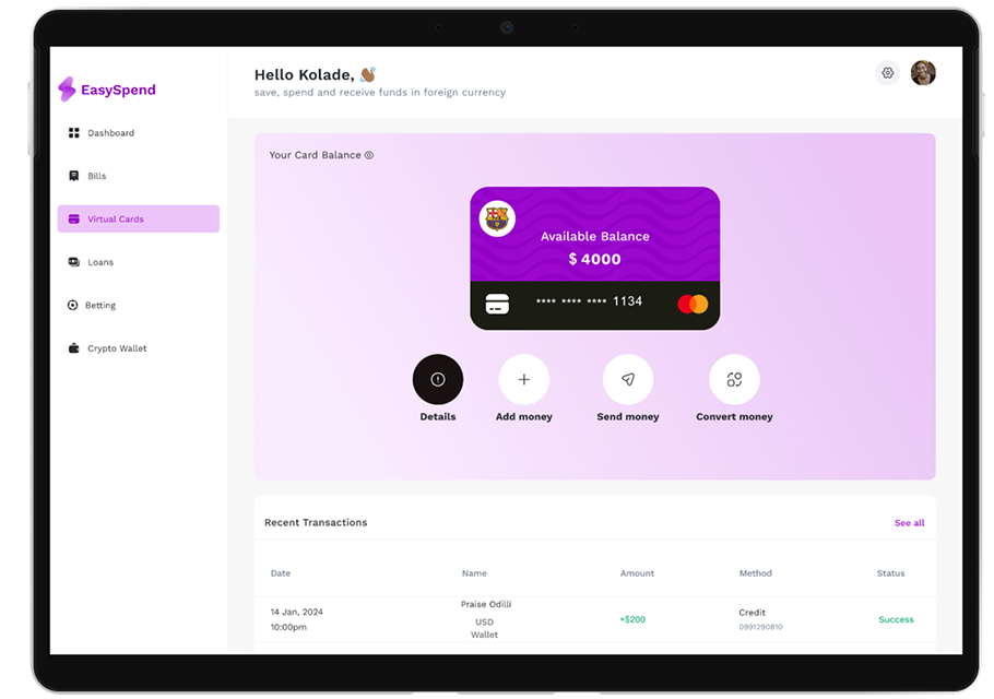 Send money from virtual card
